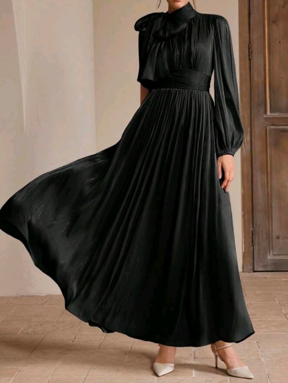 New Luxe Metallic Crinkle Bow Tie Neck Ruched Flare Long Dress Black